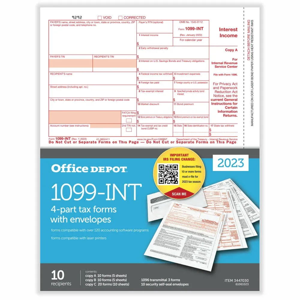 Office Depot Brand 1099-INT Laser Tax Forms and Envelopes, 4-Part, 2-Up, 8-1/2 ...