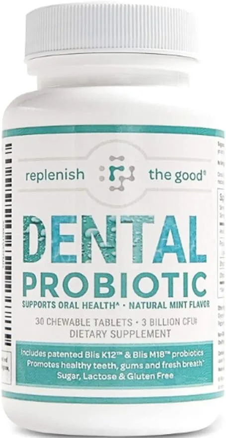 Dental Probiotic, 30 Sugar Free Chewable Tablets, Mint Flavor - Vegan Supplements w/BLIS K12 & M18 - Boosts Oral Health - Fights Bad Breath (Halitosis), Tooth Decay, Strep Throat