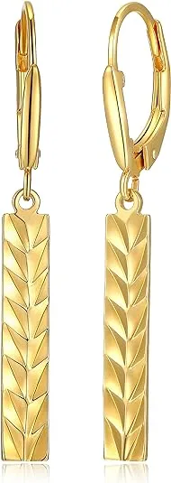 18k Yellow Gold Plated 925 Sterling Silver Geometric Pattern Vertical Bar Drop Earrings