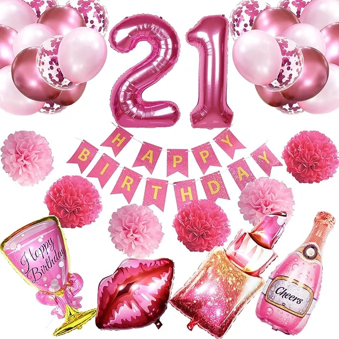 Crenics 21st Birthday Decorations for Her - Hot Pink Happy Birthday Banner, Pom Poms, 21 Number Balloon, Lipstick Champagne Balloons and 24 Latex Ba