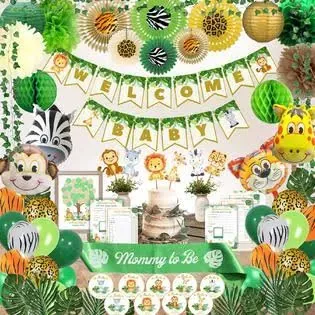 207 Pcs Safari Baby Shower Decorations for Boy Jungle Theme Baby Shower Decor - Banner, Animal Cutouts, Balloons, Paper Decorations, Guest Book, Leaves, Games, Sash - Jungle Baby Shower Decorations