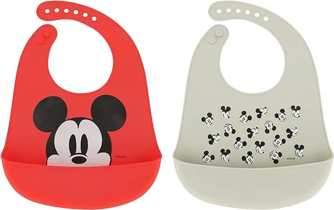 Disney 2-Pack Unisex Baby & Toddler Silicone Bibs with Food Catcher, Soft Waterproof Feeding Accessories