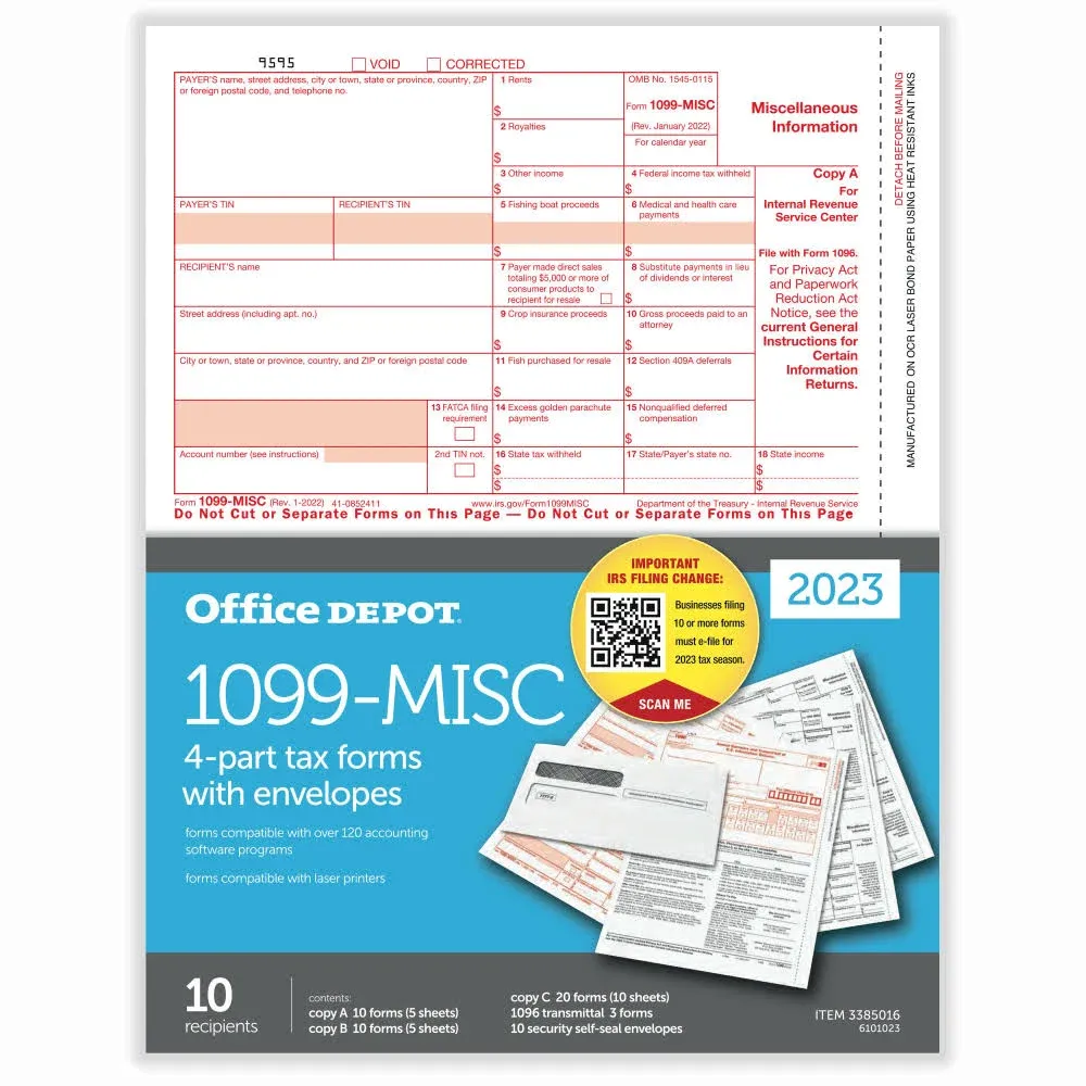 Office Depot Brand 1099-MISC Laser Tax Forms, 4-Part, 2-Up, 8-1/2 inch x 11 inch ...