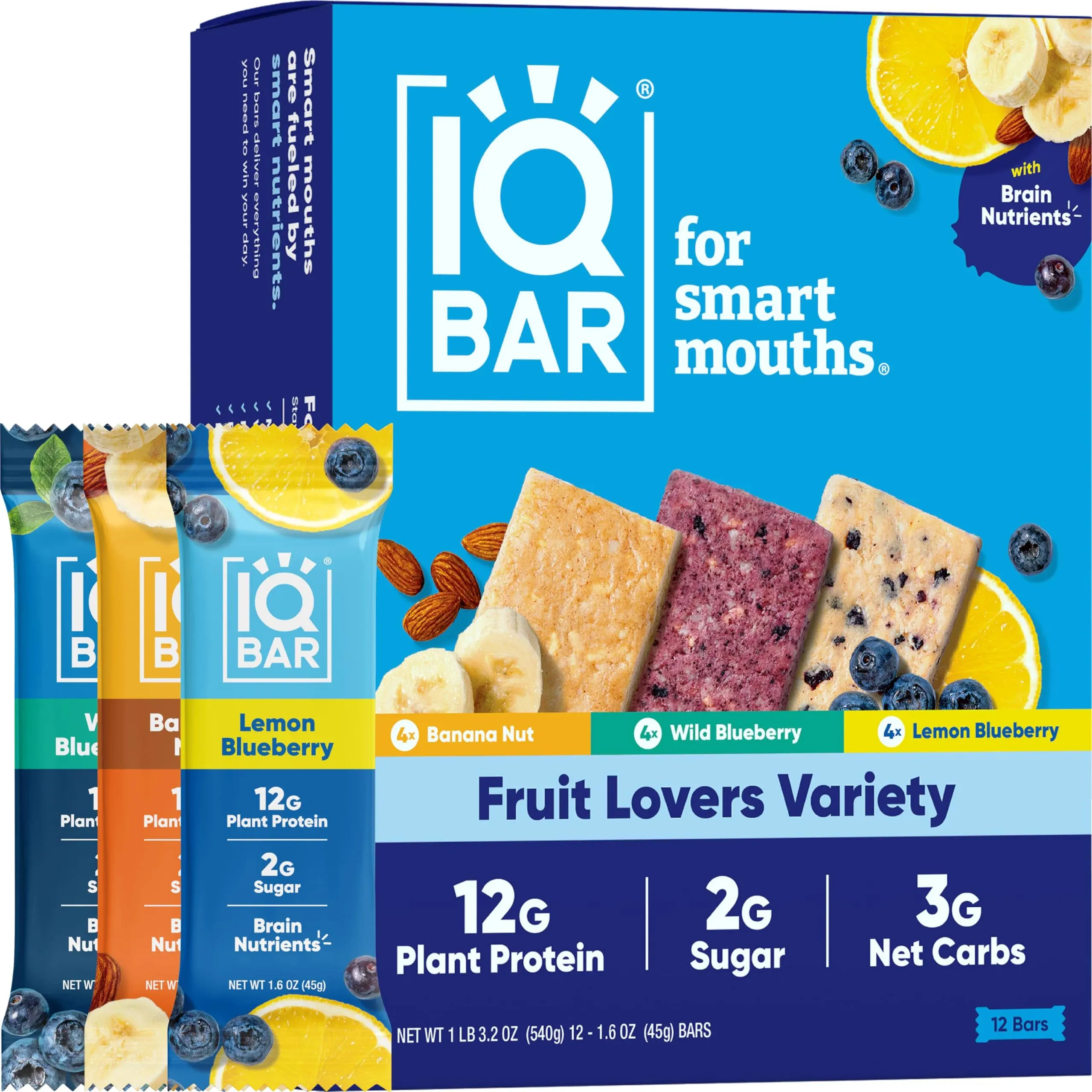 IQBAR Brain & Body Fruit Lovers Variety Keto Protein Bars, Low Carb, Low Sugar, 12-Count Energy Bars