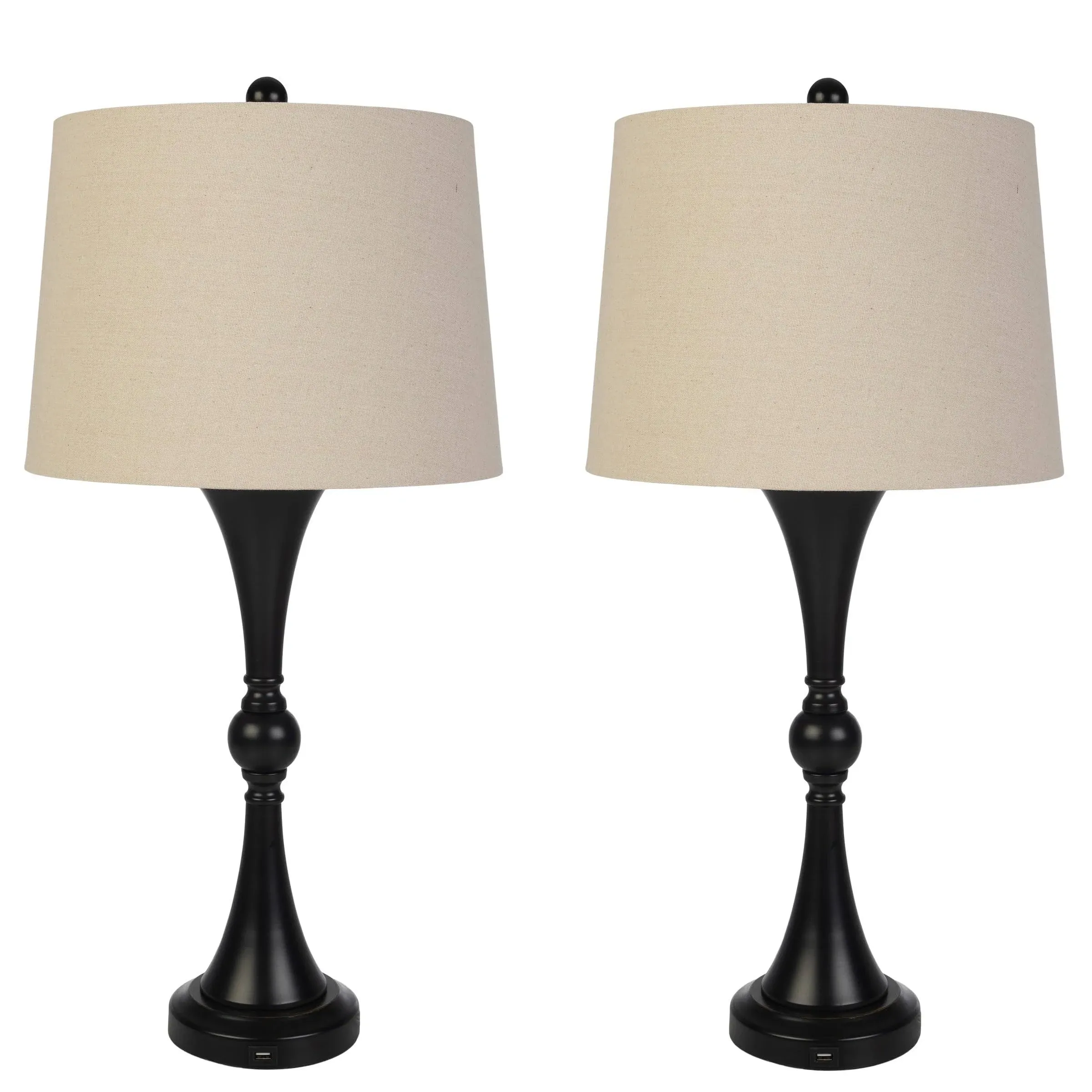 Set of 2 Black Touch Control Table Lamps with USB Charging LED Bulbs 28.74in