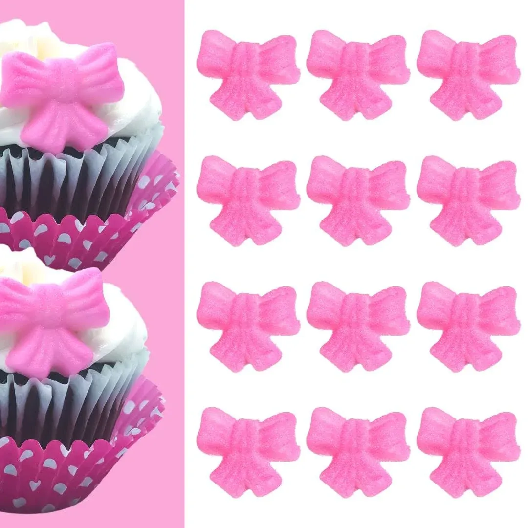 12pk Shimmer Baby Pink Ribbon Bows Cake Cupcake Sugar Decoration Toppers