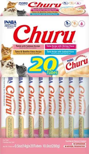 INABA Churu Cat Treats, Grain-Free, Lickable, Squeezable Creamy Purée Cat Treat/Topper with Vitamin E & Taurine, 0.5 Ounces Each Tube, 20 Tubes, Seafood Variety Box