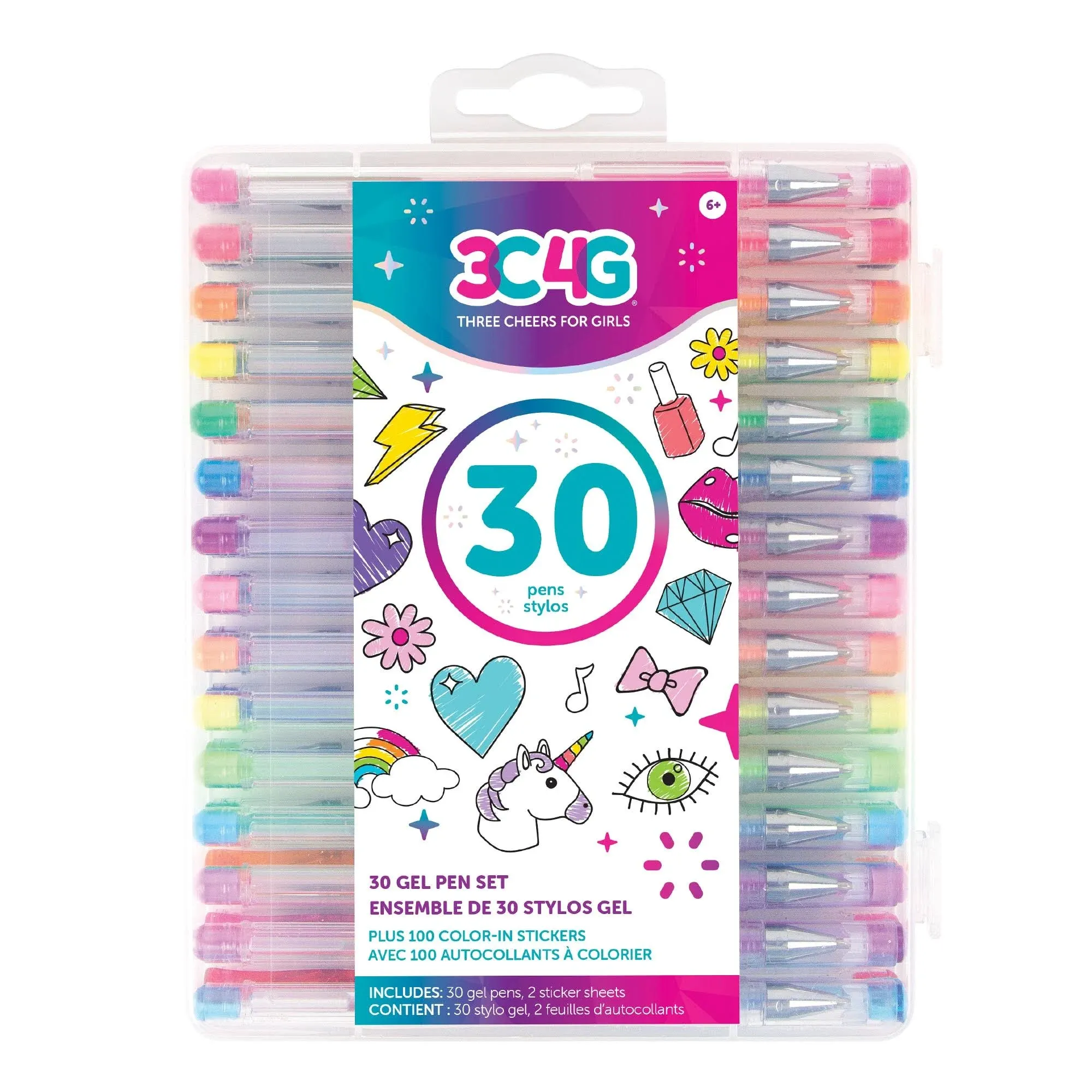 Three Cheers for Girls by Make It Real - 30 Piece Gel Pen Set - Colored Gel Pens with Metallic, Pastel, Neon, Rainbow & Glitter - Cute Pens for Drawing, Coloring or Journaling - Includes 100+ Stickers