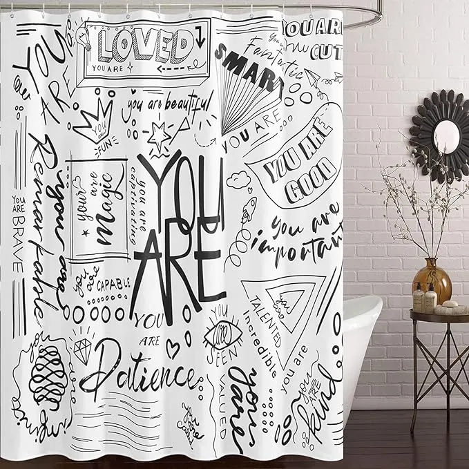 Black and White Shower Curtain Inspirational Shower Curtain Art Decor Funny Shower Curtains for Bathroom, Waterproof Polyester Fiber Shower Curtain Set with 12 Hooks 72x72 Inch