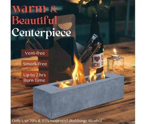 Large Rectangle Tabletop Fire Pit, Portable Bioethanol Fuel Concrete Smokeless Fire Bowl Table Top Firepit Fireplace, Rubbing Alcohol Smores Maker