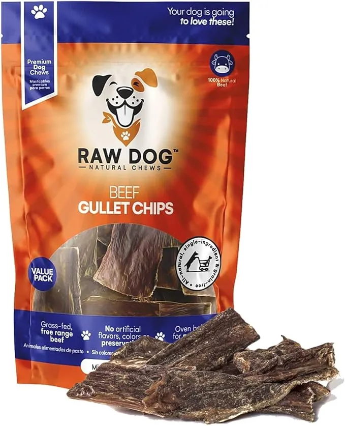 Raw Dog Beef Gullet Chips All-Natural Dog Treats, 8 oz. Bag - Premium Odor Free Dog Chews, 100% Beef, Grass Fed, Non-GMO