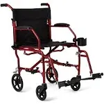 Medline Ultralight Transport Wheelchair with 19” Wide Seat, Folding Transport Chair with Permanent Desk-Length Arms, Red Frame