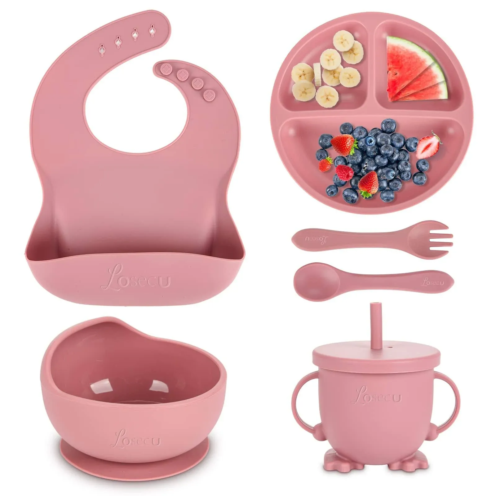  Silicone Baby Feeding Set|Baby Led Weaning Supplies Set|Suction Baby Dark Pink