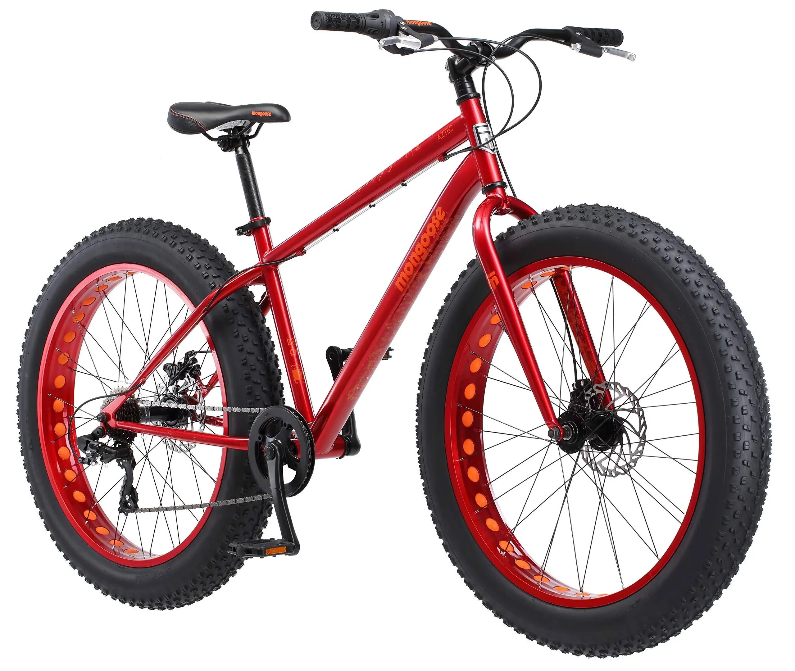 Mongoose Aztec Mens and Womens Fat Tire Bike, 18-Inch Steel Frame, 26-Inch Wheels, 4-Inch knobby tires, Red