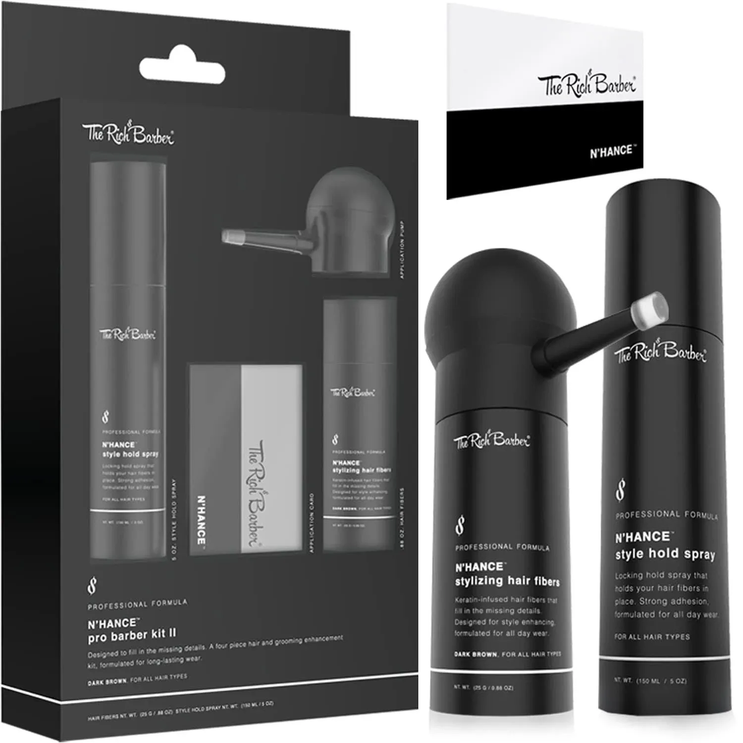 The Rich Barber N'hance Pro Barber Kit II - 4-in-1 Hair & Beard Styling Set with Keratin-Infused Hair Building fibers, Style Hold Spray, Applicator