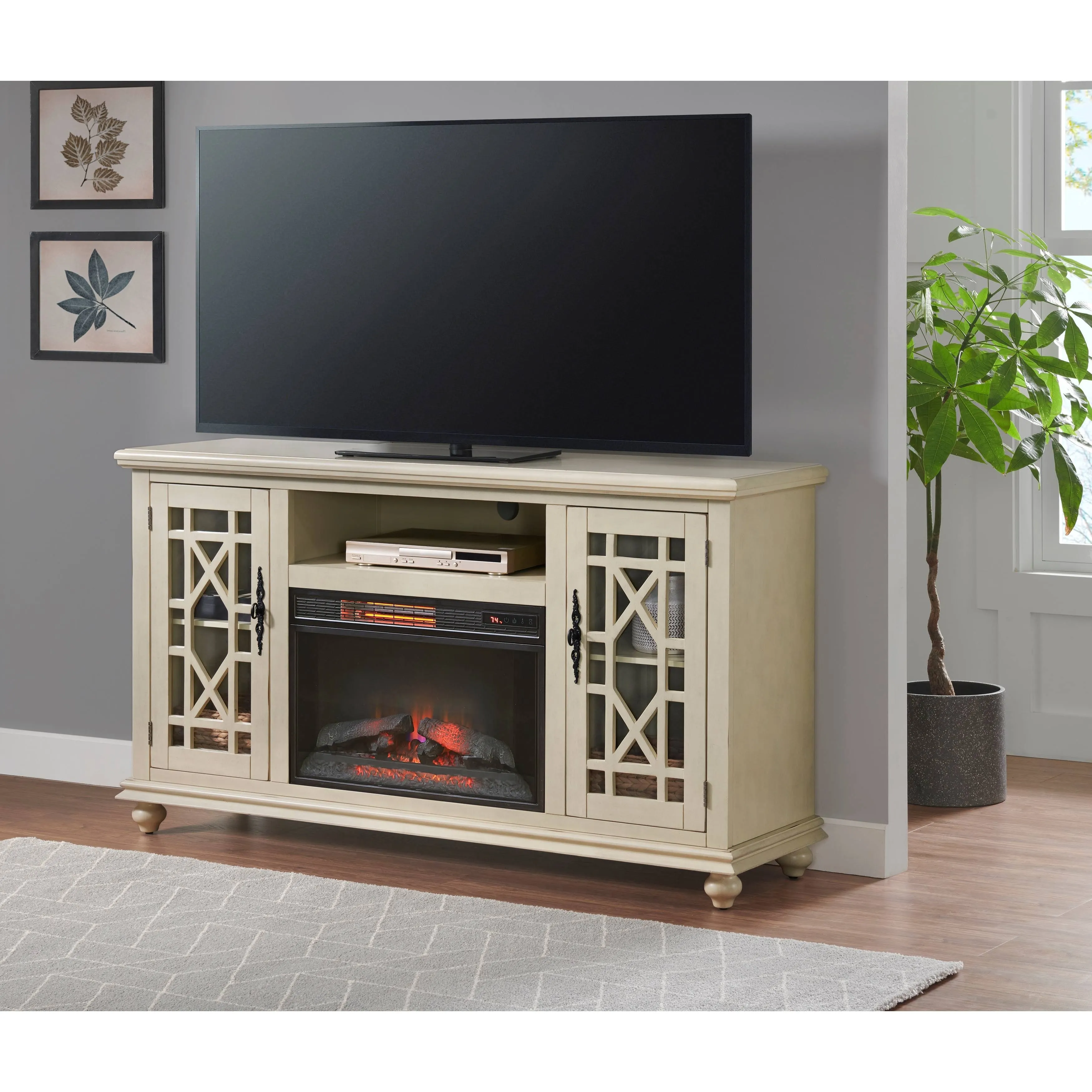 Martin Svensson Home Elegant 2 Door Antique White 63" TV Stand with Fireplace