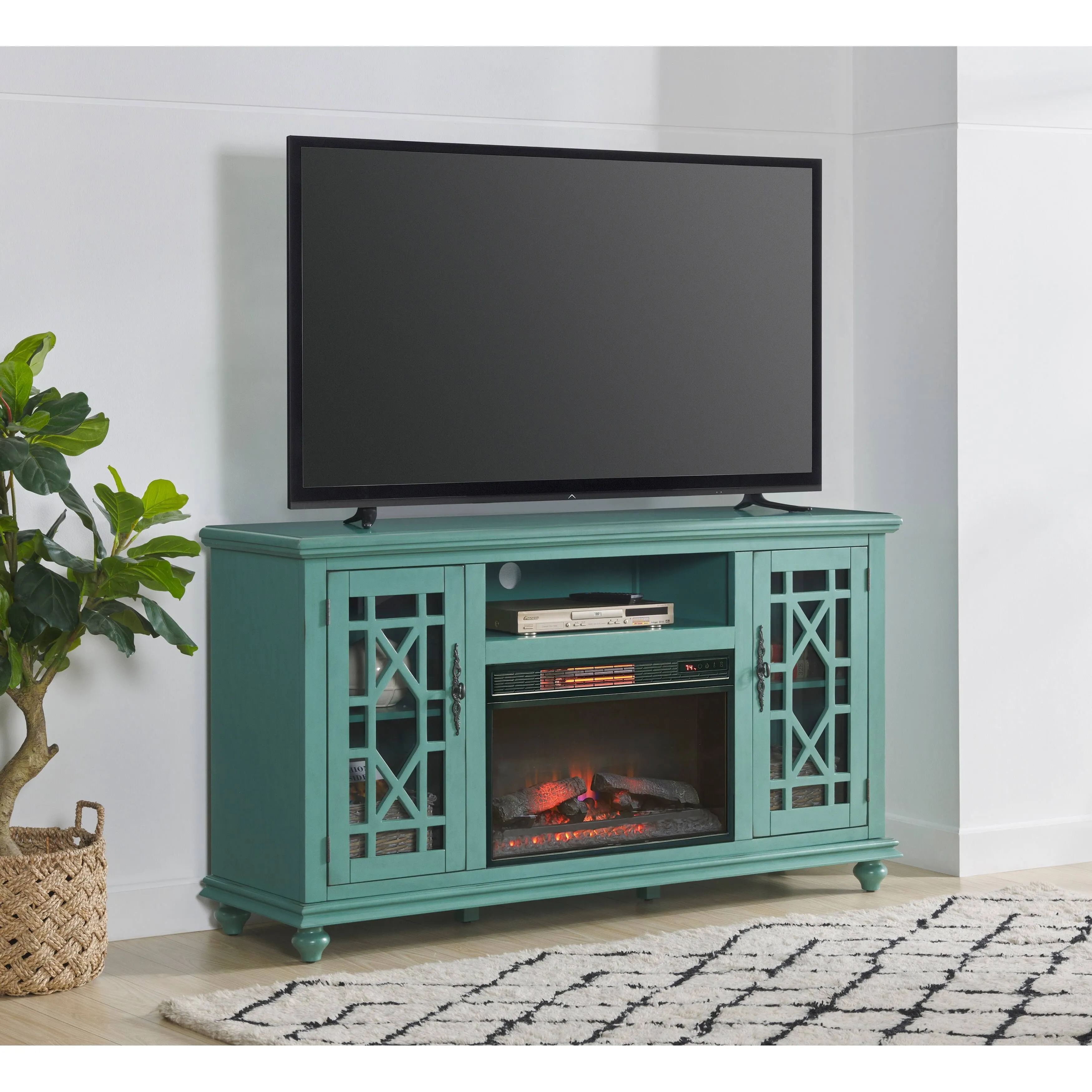 Martin Svensson Home Elegant 2 Door Antique Teal 63" TV Stand with Fireplace