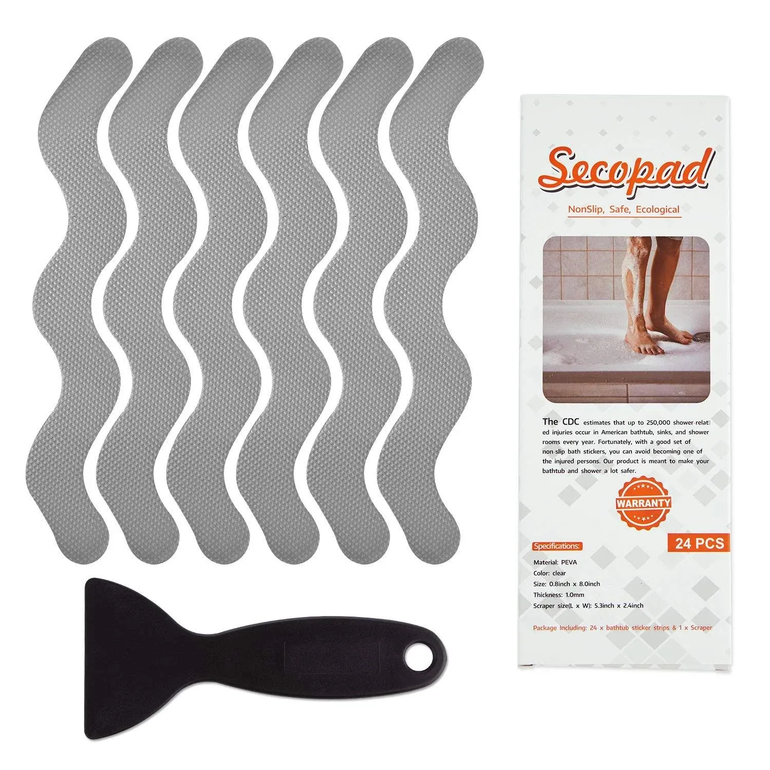 Secopad Patented Anti Slip Shower Stickers 24 PCS Safety Bathtub Strips Adhesive Decals with Premium Scraper for  Bath Tub Shower Stairs Ladders Boats (Gray)