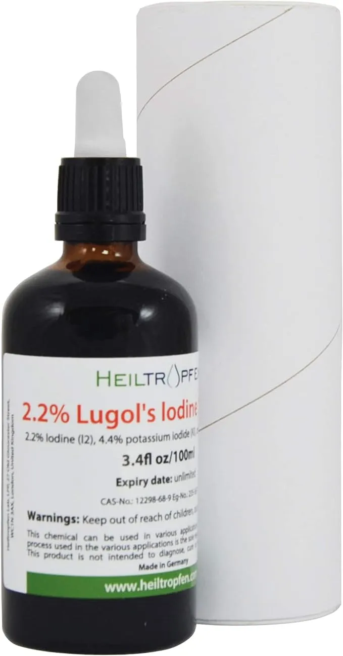 2.2% Lugol's Iodine Solution 3.4 fl oz | Pharmaceutical Grade Ingredients | Lugols Solution Made with Iodine and Potassium Iodide. Heiltropfen