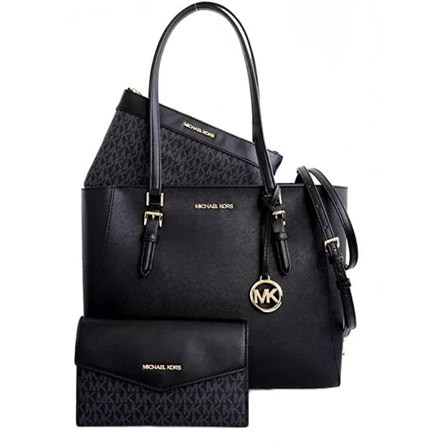 Michael Kors Charlotte Large Leather 3-in-1 Tote Crossbody Handbag Black Bag Mk