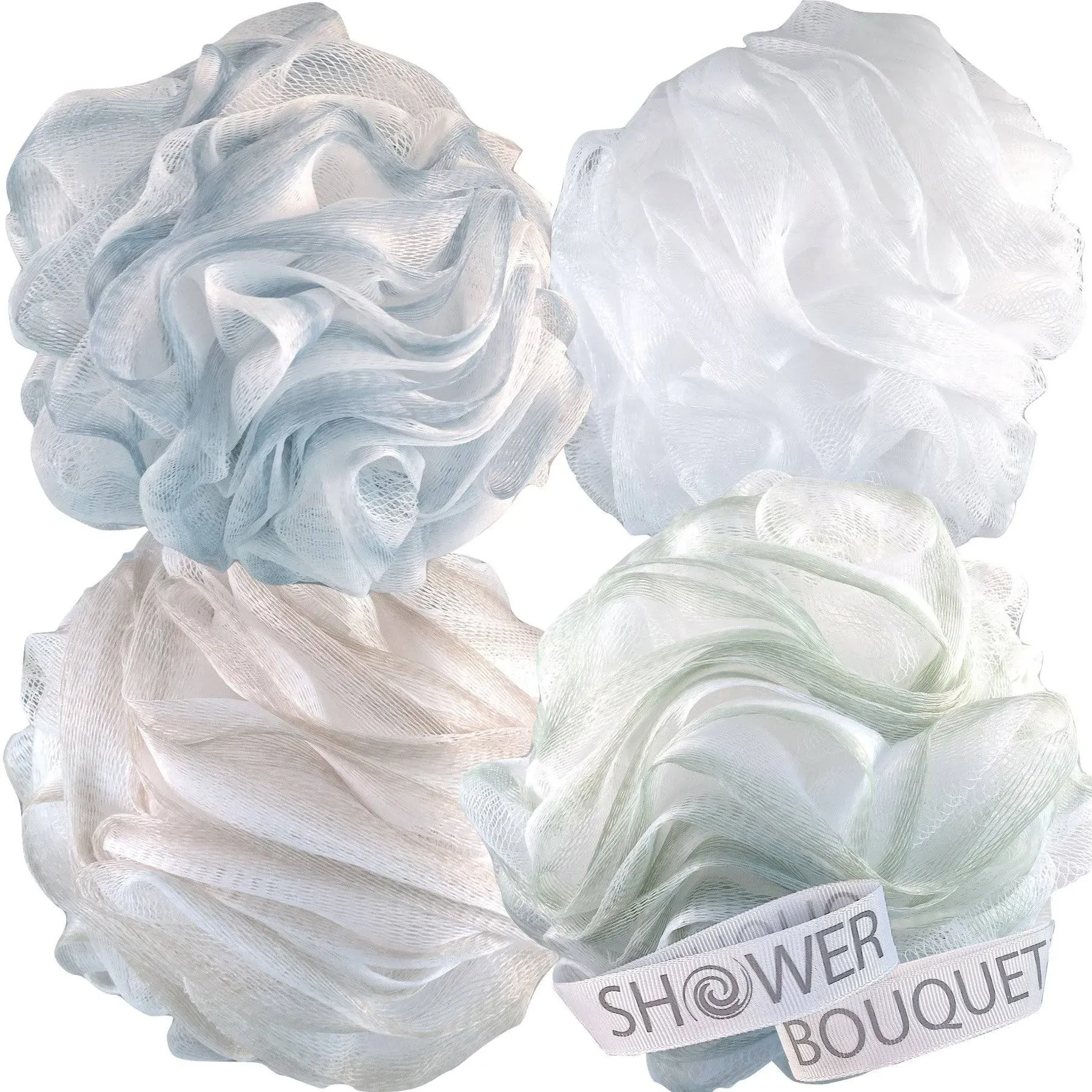 SHOWER BOUQUET Loofah-Bath-Sponge XL-75g-Soft-Set 4-Pack-Pastel-Colors - Extra-Large Mesh Pouf Scrubber for Men and Women - Exfoliate with Big Lathering Cleanse