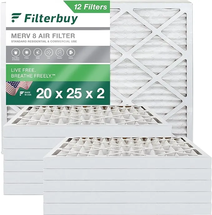 Filterbuy 20x25x2 Air Filter MERV 8, Pleated HVAC AC Furnace Filters 12-Pack