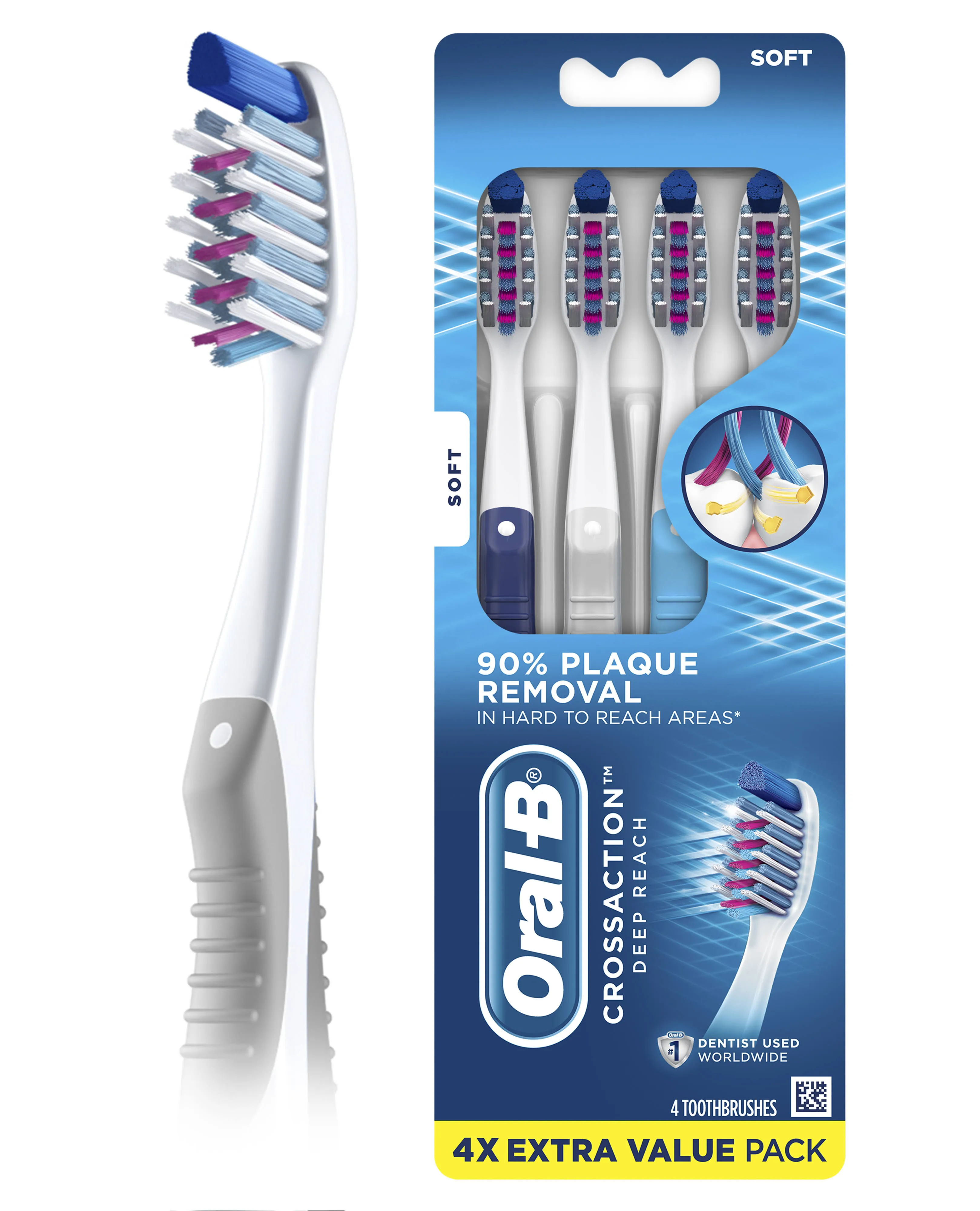 ORAL-B Cross Action Toothbrush Deep Reach Assorted 4-Pack Soft Bristle