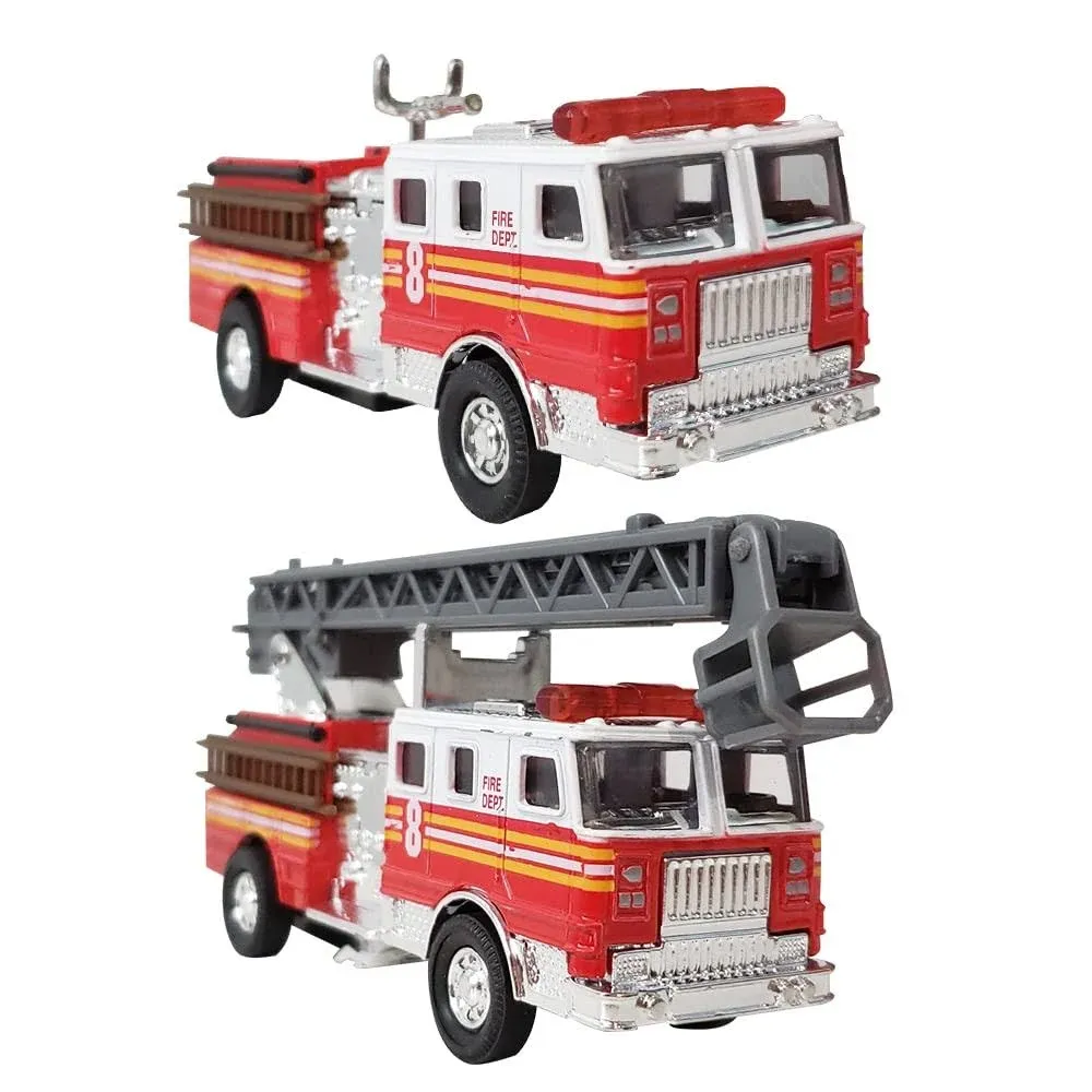 ArtCreativity 5.5 Inch Toy Fire Trucks - Set of 2 - Pull Back Firetruck Toy Cars for Boys and Girls - Includes Metal Ladder Truck and Fire Engine - Best Birthday Gift for Kids, Toddlers