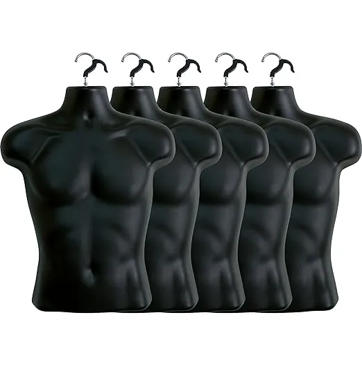 5 Pack Male Mannequin Torso, Dress Form Tshirt Display Countertop Hollow Back Body S-M Clothing Sizes (Black)