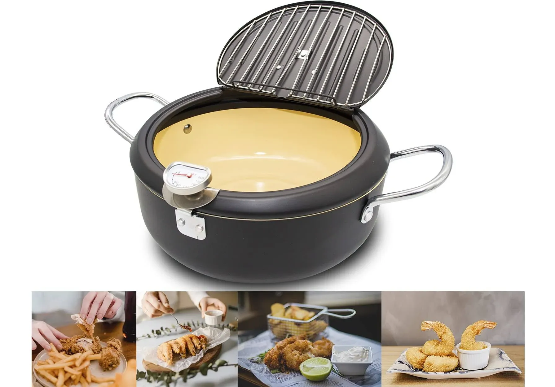 Japanese Deep Fryer Pot for Home by Cyrder, 9.5inch with Thermometer and Lid, Hi