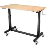 WorkPro 48 inch Height Adjustable Work Table with Crank Handle and Casters, 48 inch x 24 inch Rubber Wood Top Standing Desk Workbench, Heights from 29