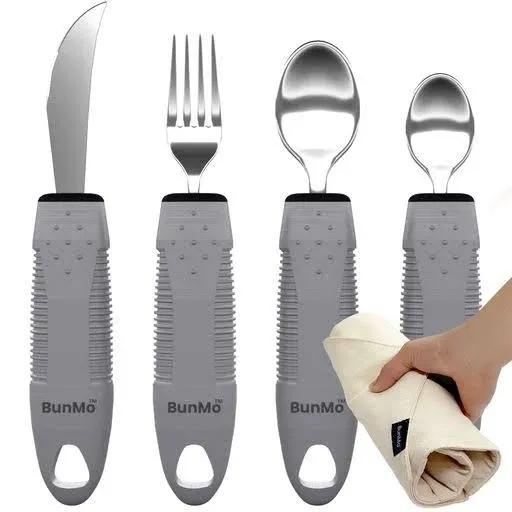 BUNMO Adaptive Utensils for Elderly/Arthritis/Weak Hand Grip & Handicapped - Convenient Travel Pouch