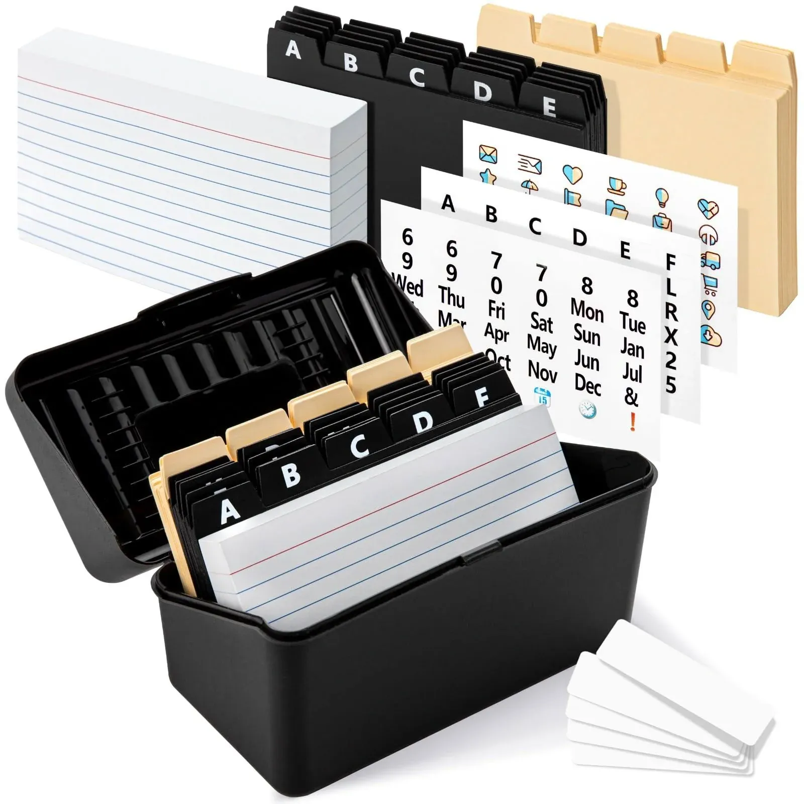 OFFILICIOUS Black Index Card Holder 4x6 - Index Card Box With Dividers, Ruled Cards & Stickers - Index Card Organizer Case, NoteCard Holder, Recipe Card Storage Box - Flash Card File Box