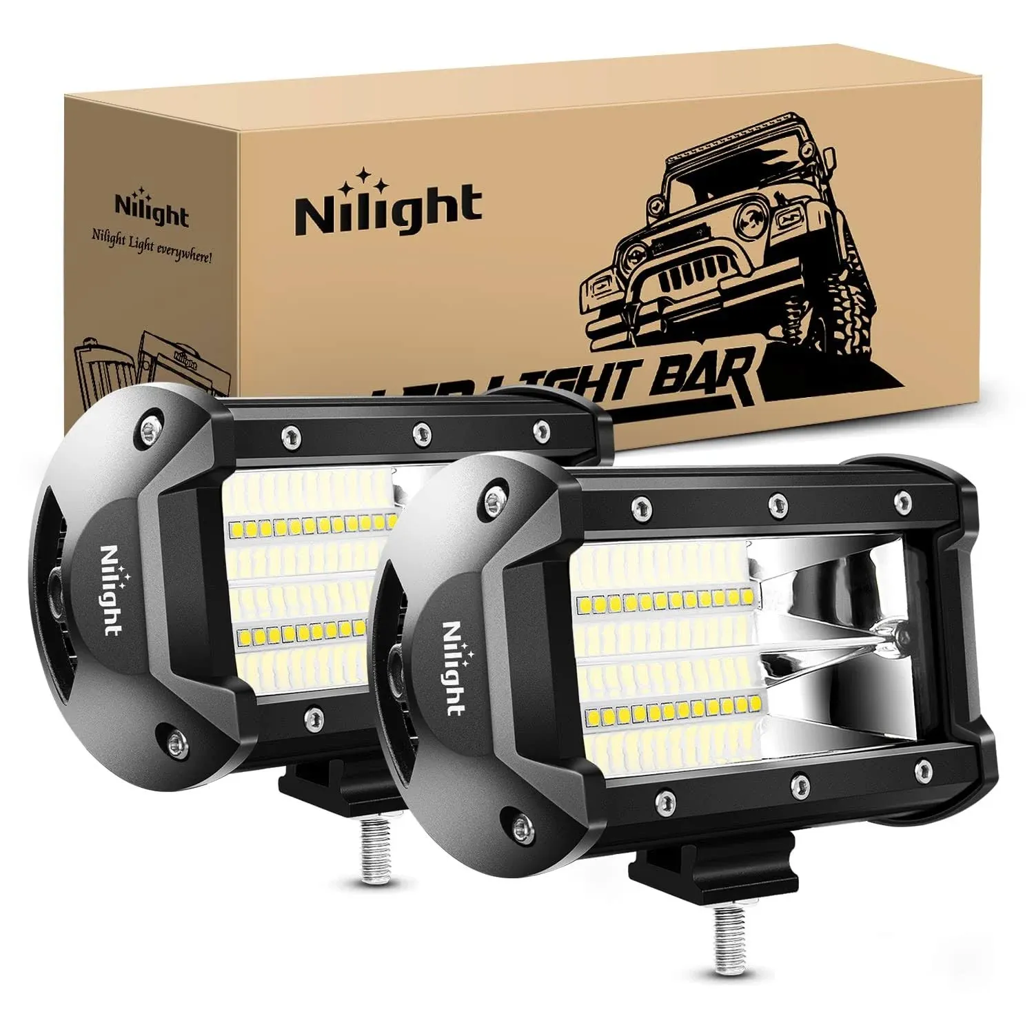 Nilight 2PCS 5 inch 72W Work Flood LED Light Bar Driving Fog Lights Off Road 4WD