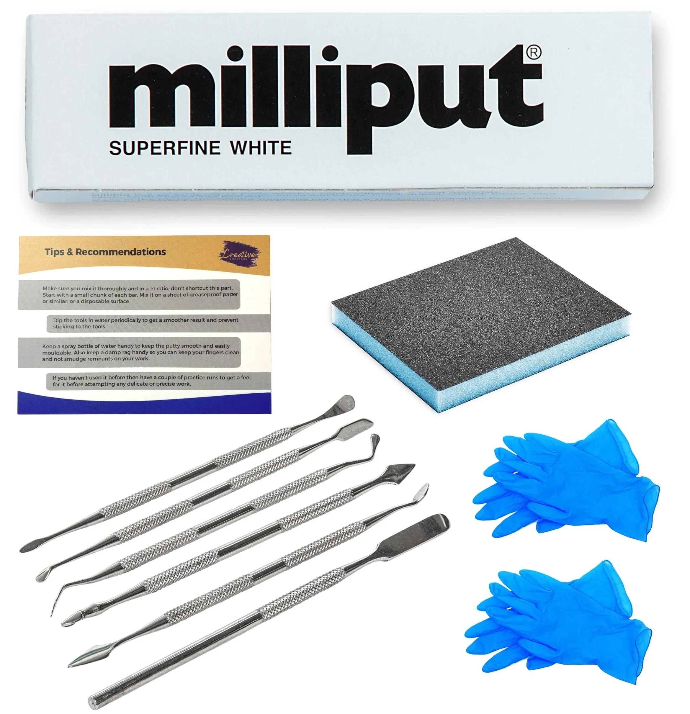 Milliput Plumbers Putty 10 Piece Set, Superfine White - with Sculpting Tools, Sanding Pad and Gloves - Ceramic Tile, Fiberglass Tub, Bath, Sink and Porcelain Repair Kit - 2 Part Epoxy Modeling Clay