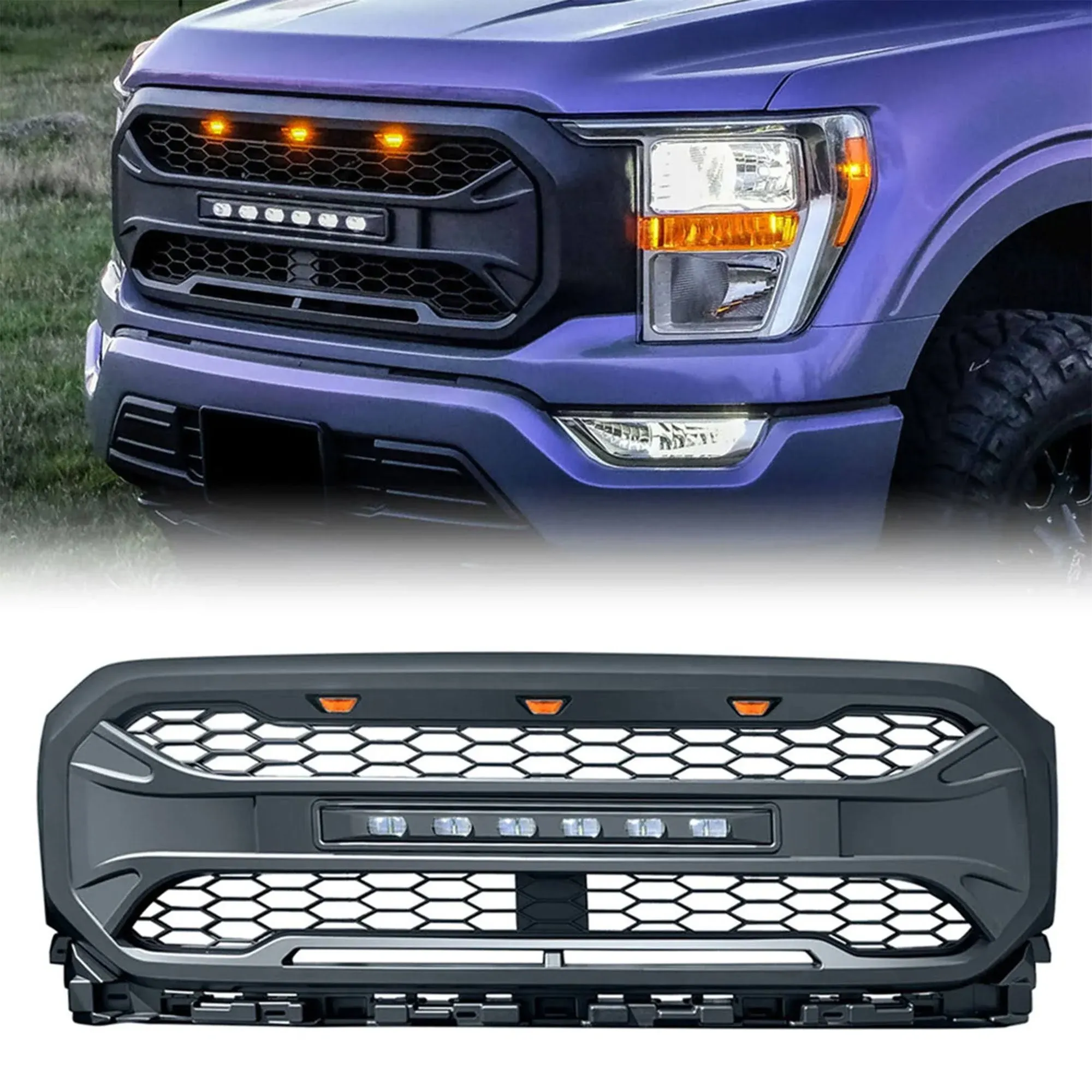 Armor Upper Replacement Grille with LED Off-Road Lights; Black (21-23 F-150 without Front Camera, Excluding Raptor &amp; Tremor)