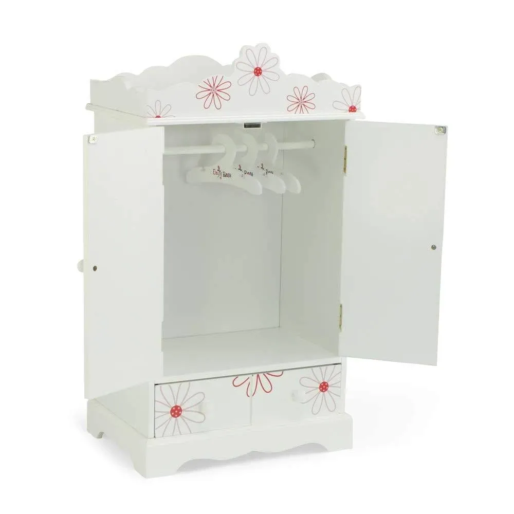 Emily Rose 18 Inch Doll Furniture Closet with 3 Clothing Hangers - Floral | USA Business | Wooden Doll Accessories Armoire Wardrobe Set - 18" Doll Clothes Storage Toy Playset