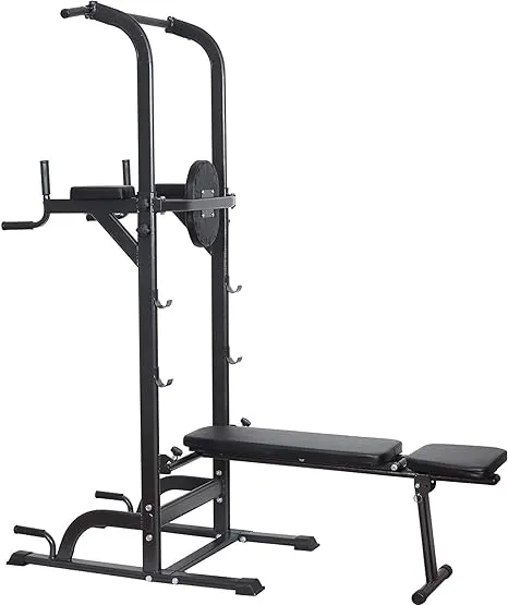 Reliancer Power Tower Dip Station High Capacity 800lbs w/Weight Sit Up Bench Adjustable Height Heavy Duty Steel Multi-function Fitness Pull Up Chin Up