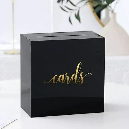 UNIQOOO Black Acrylic Wedding Card Box with Slot, Large 10x10x5.5 inch w/Gold Foil | Wedding Receptions Wishing Well Money Box, Birthdays, Memory Box, Suggestion Boxes, Acrylic Ballot Box