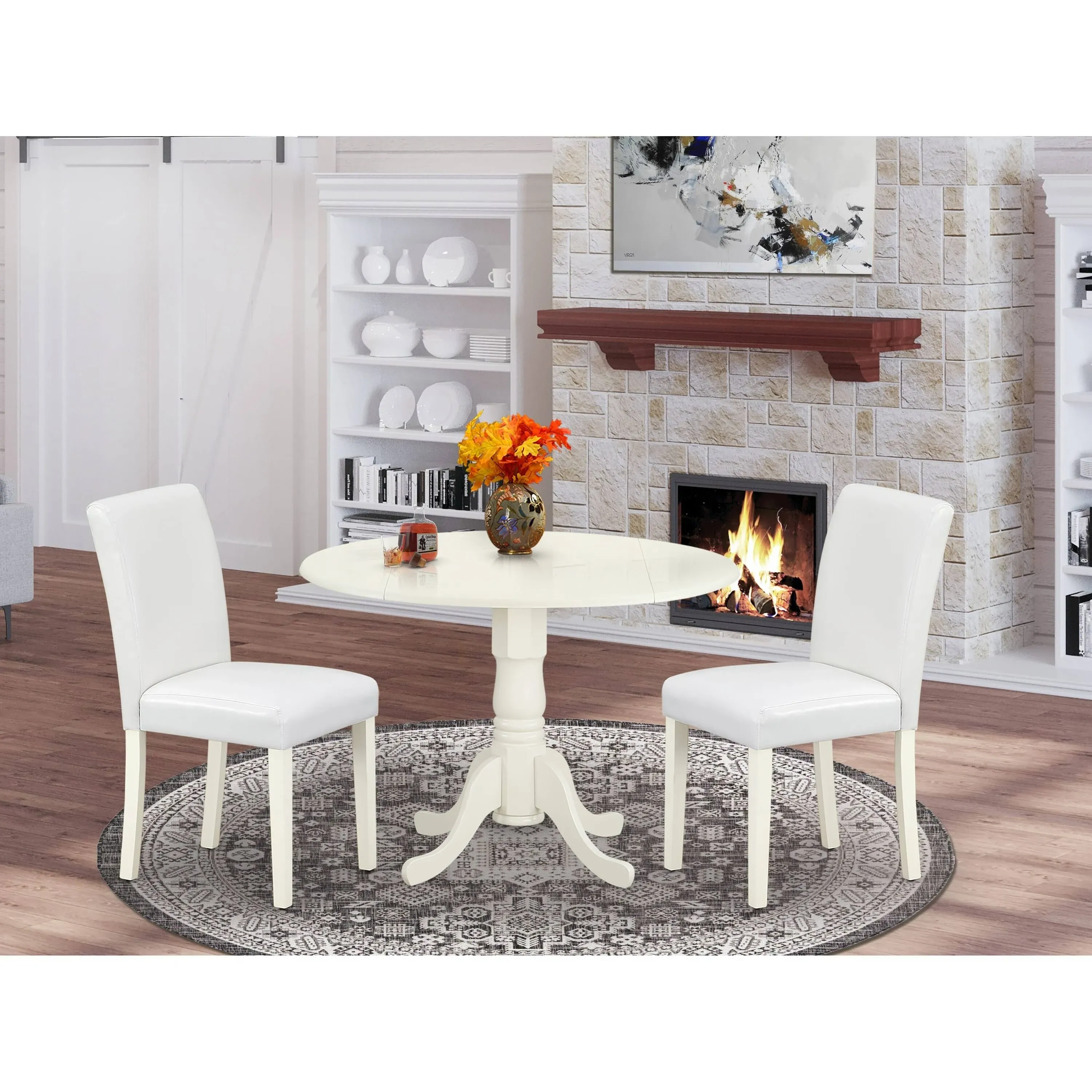 3pc dinette kitchen dining set round pedestal table + 2 parsons chairs off-white