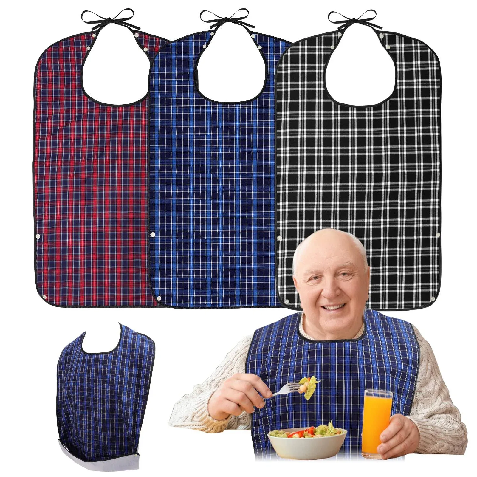 Roylvan Adult Bibs, 3 Pcs Washable Clothing Protector with Crumb Catcher for Eating, Reusable Waterproof Large Feeding Adult Bibs for Men Women