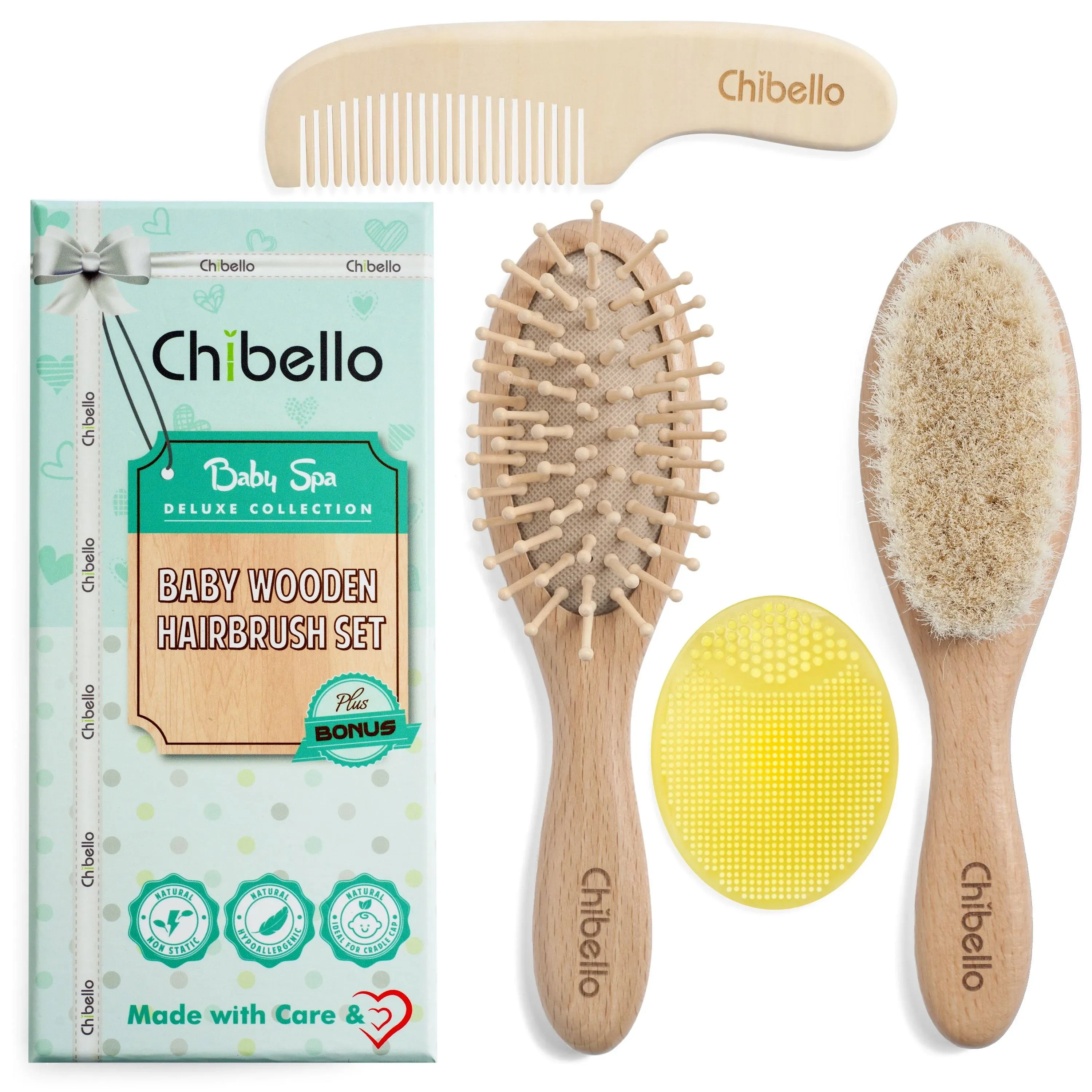 Baby Hair Brush and Comb Set Natural Goat Bristles Brush