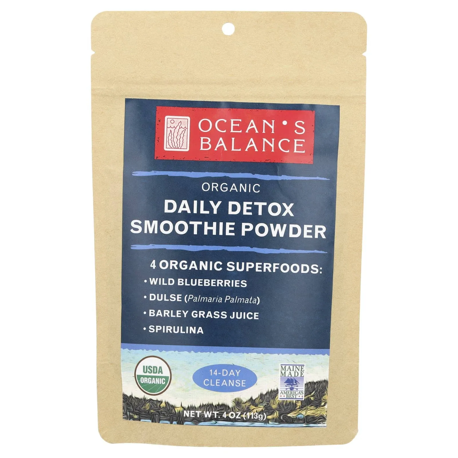 Ocean's Balance Daily Detox Smoothie Powder with Blueberry, Spirulina, Dulse Seaweed & Barley Grass Juice Powder — Easily Digested Smoothie Mix for 14-Day Detox Cleanse (4 oz - 1 Pack)