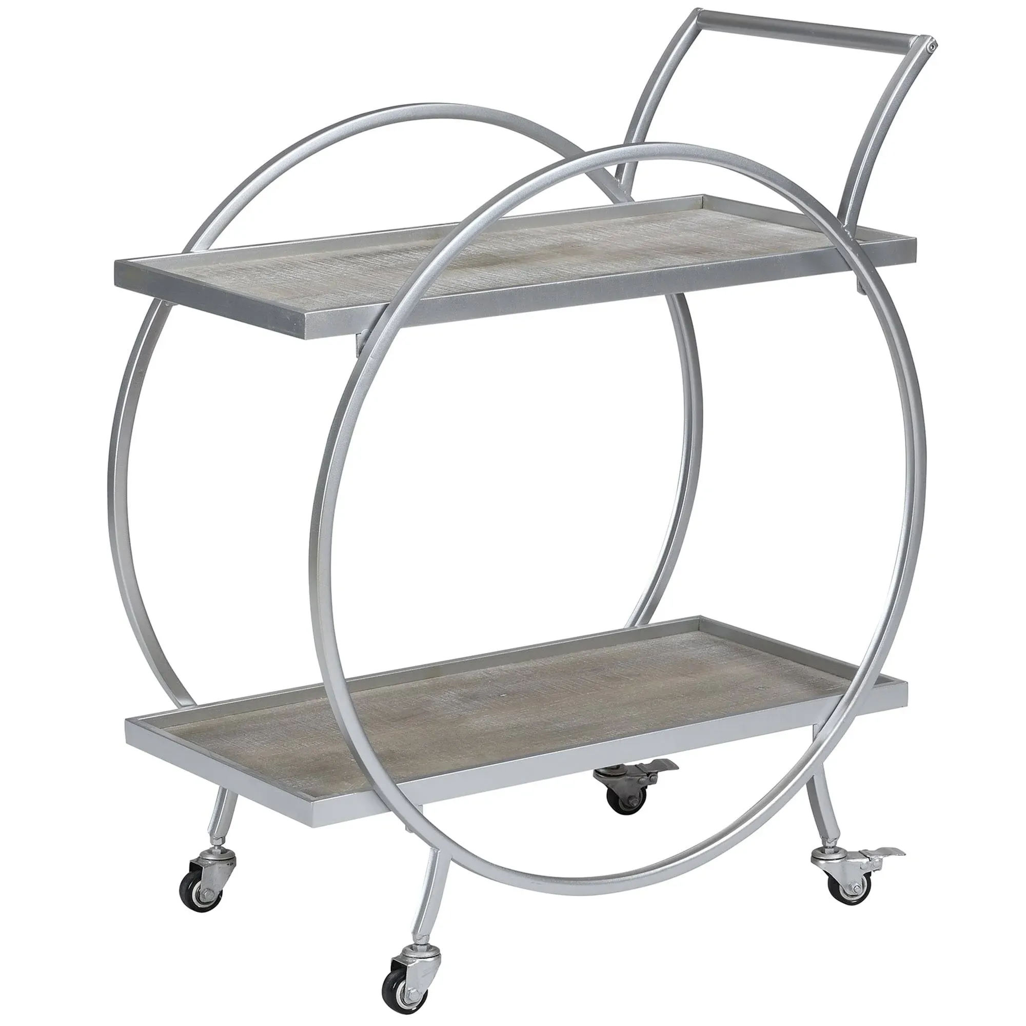 FirsTime & Co. Silver and Gray Odessa Bar Cart, 2 Tier Mobile Mini Bar, Kitchen Serving Cart and Coffee Station with Storage for Liquor, Metal and Wood, Modern, 28 inches