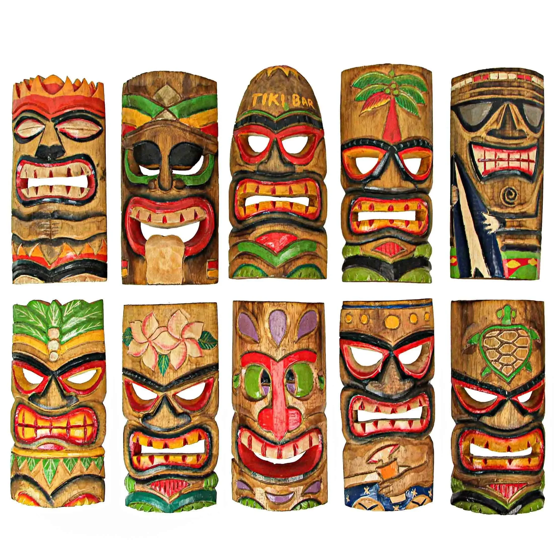 10 Piece Polynesian Party Hand Carved Island Style Wooden Tiki Masks 10 Inch