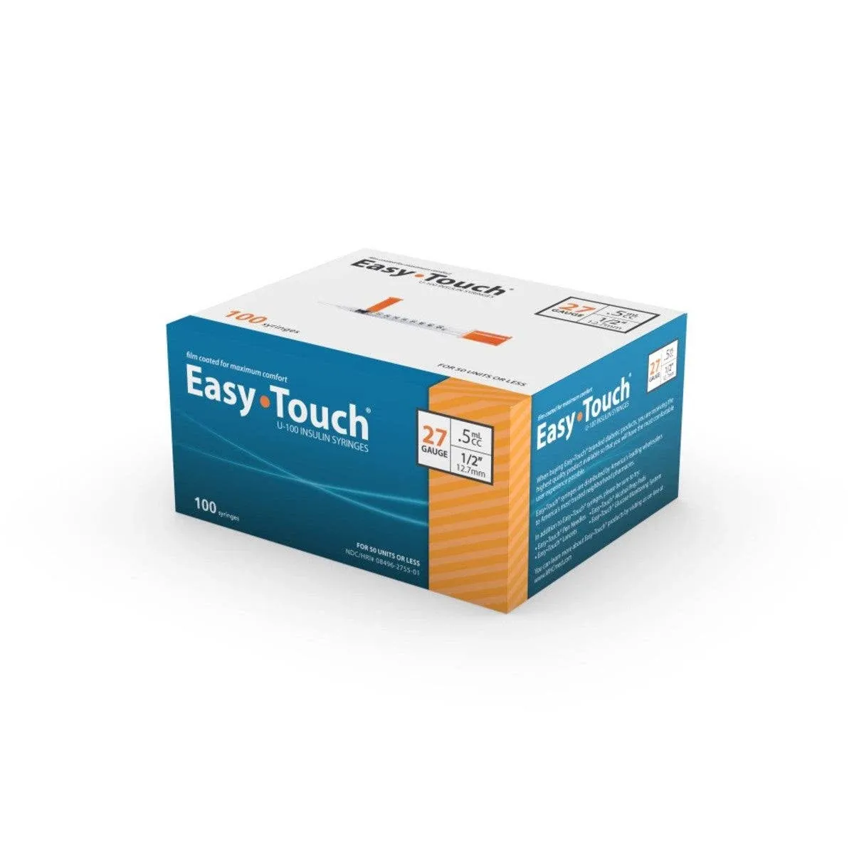 Easy Touch Insulin Syringe, 27G .5cc 1/2-Inch (12.7mm), 827555, Box of