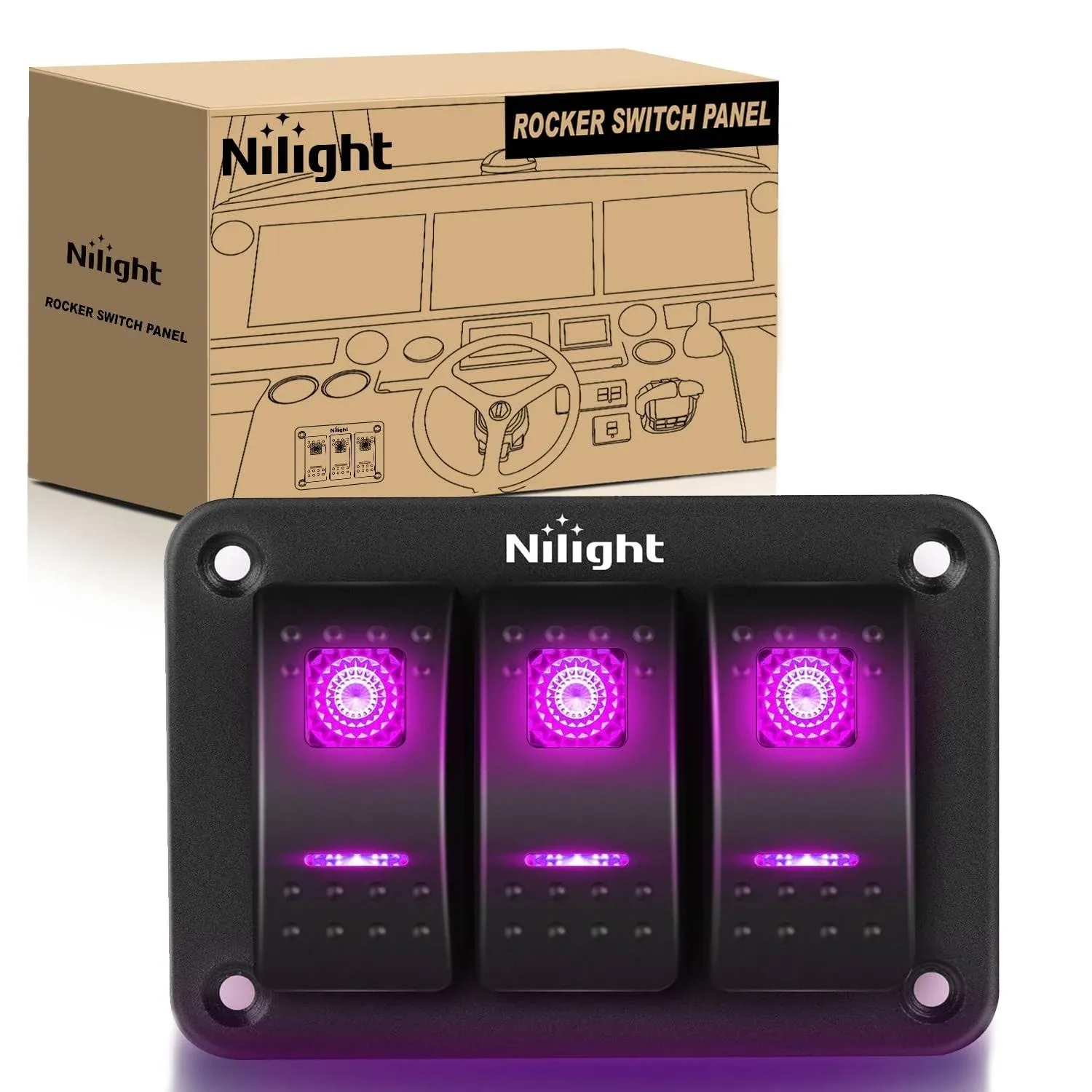 Nilight 3 Gang Aluminum Rocker Switch Panel 5 Pin ON Off Pre-Wired Pinkish Purple Toggle Switch SPST 12V 24V Night Glow Stickers for Cars Marines Boats Campers RVs