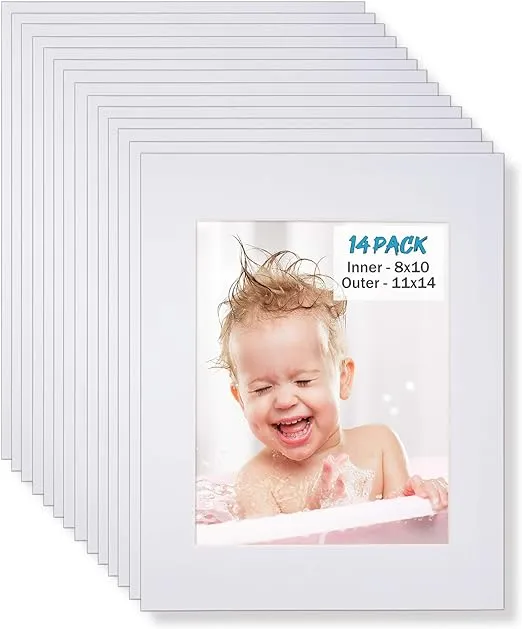 Egofine 11x14 White Picture Mats Pack of 14, Frame Mattes for 8x10 Pictures, Acid Free, 12mm Thickness, with Core Bevel Cut