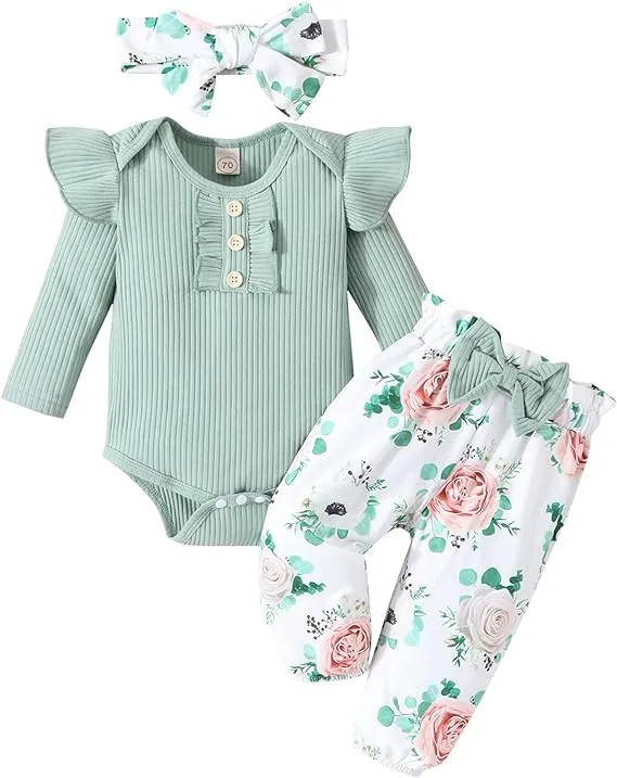 Baby Girl Clothes Newborn Infant Outfits Ruffle Romper+ Floral Pants + Cute Headband Sets for Girls