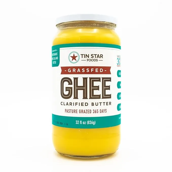 Tin Star Foods Ghee alimentado com pasto perfeito para assar em alta temperatura, assar, cozinhar, churrasco, grelhar. Ayurvédico, ceto, vegetariano, paleo, sem glúten, baixo teor de carboidratos.